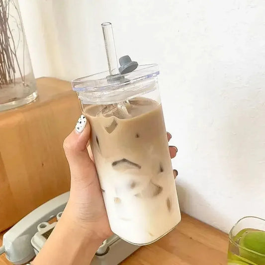 Glass Coffee Mug with Lid & Straw-1